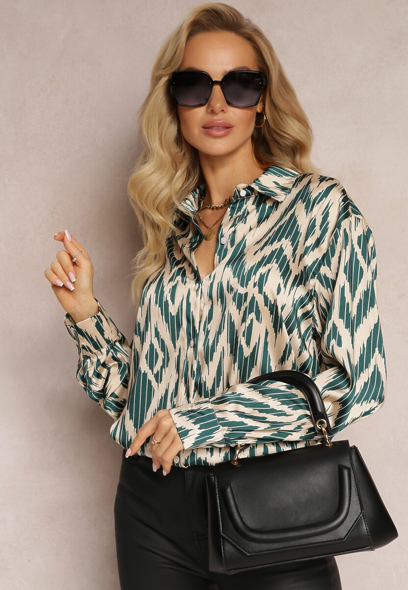 Ciemnozielona Koszula Ozdobiona Wzorem w Nieregularne Paski Ainatta