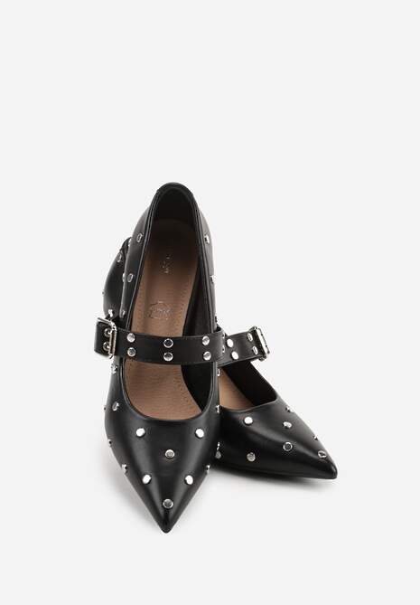 Czarne Czółenka Vices na Szpilce z Wkładką ze Skóry Naturalnej Ozdobione Nitami Rileinea