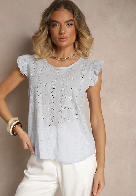 Jasnoniebieska Ażurowa Bluzka z Bawełny Ozdobiona Falbankami Ridilane