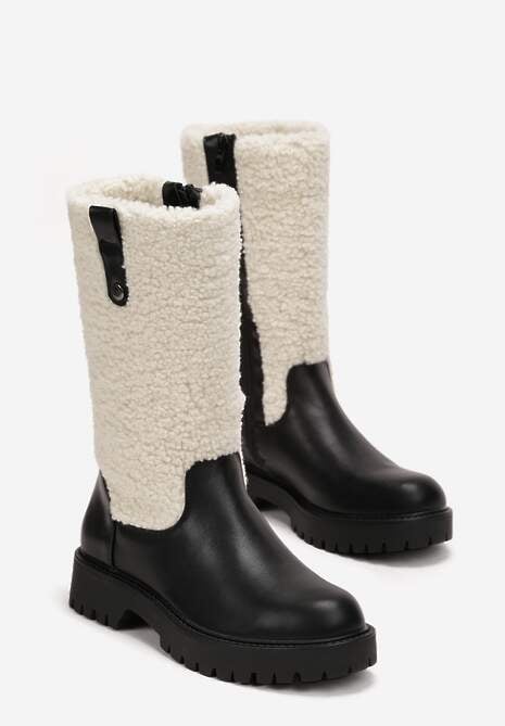 Czarne Płaskie Botki z Cholewką z Ciepłego Kożuszka Cirillo