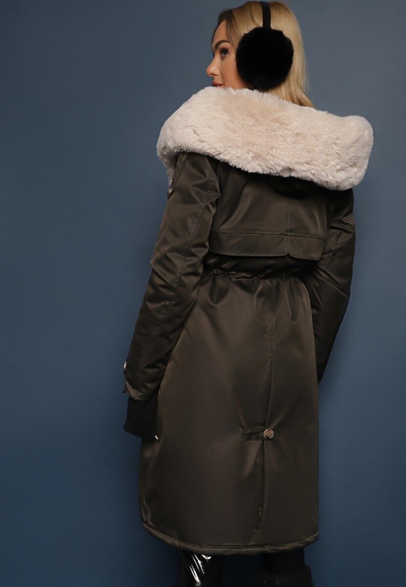 Ciemnozielona Długa Kurtka Parka Nylonowa Płaszcz z Futrzanymi Wstawkami Rinale