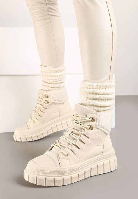 Beżowe Botki na Grubej Podeszwie z Futerkiem Nemda
