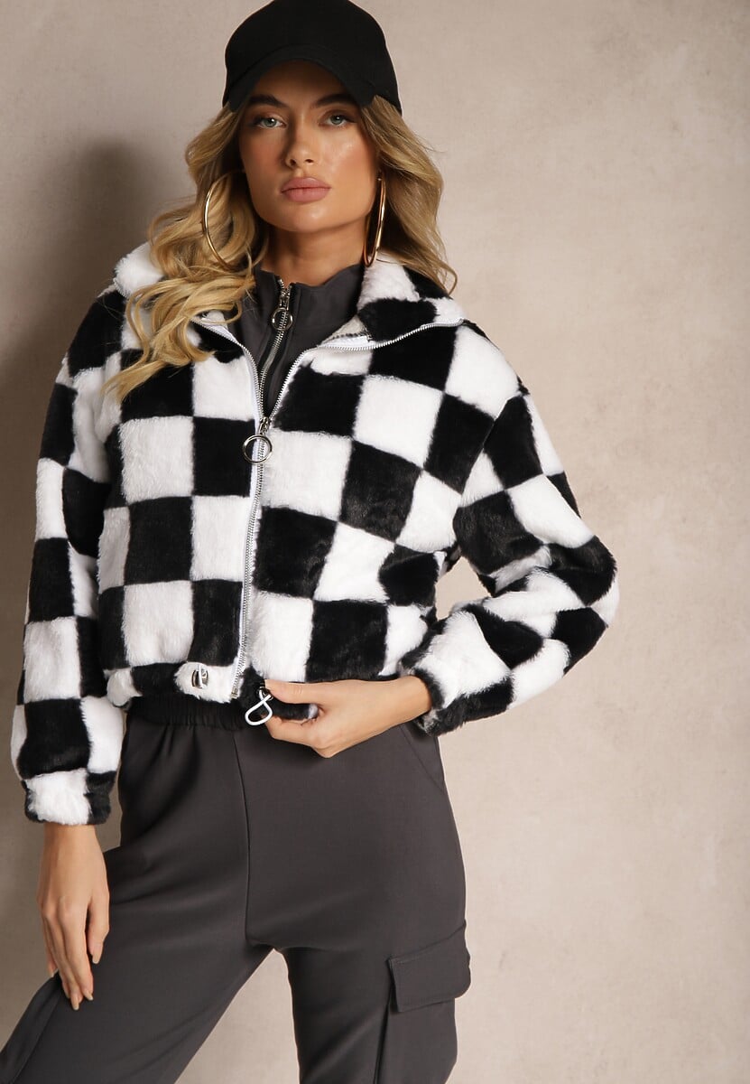 Czarno-Pomarańczowa Kurtka z Futerka Zasuwana z Kołnierzykiem w Kratkę Vitista