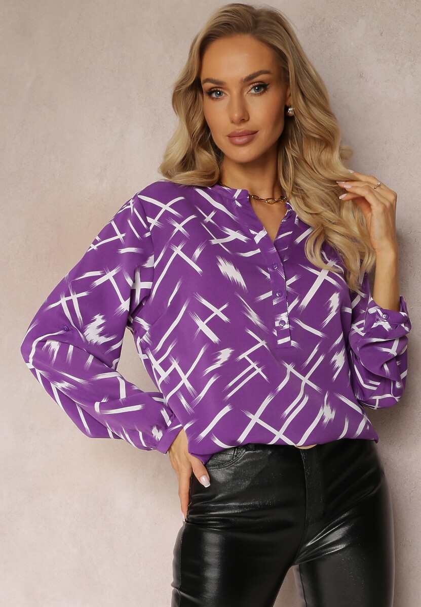 Fioletowa Bluzka z Zapięciem na Guziki i Długim Rękawem Milames