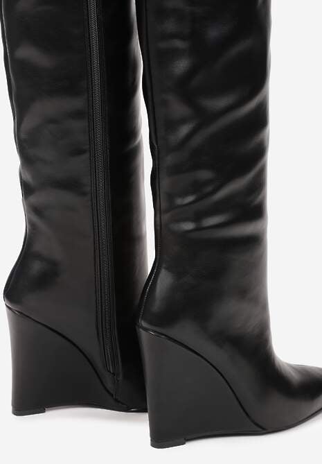 Czarne Kozaki przed Kolano na Koturnie ze Szpiczastym Noskiem Seluid