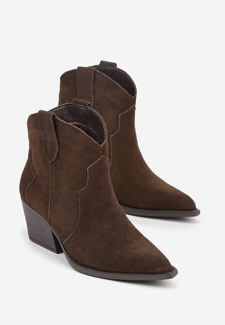 Brązowe Botki Kowbojki na Stożku ze Skóry Naturalnej Liravetta