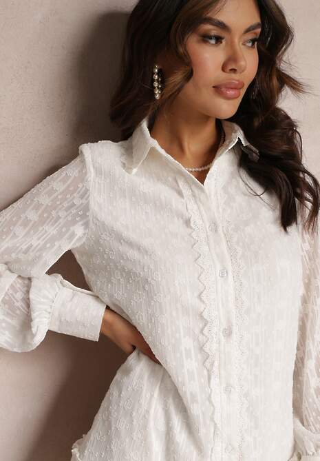 Biała Koronkowa Sukienka Koszulowa z Falbanką Saniah