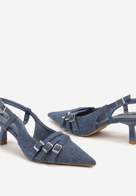 Granatowe Czółenka z Noskiem w Szpic na Obcasie Kaczuszce z Dekoracyjnymi Klamrami Sinitte