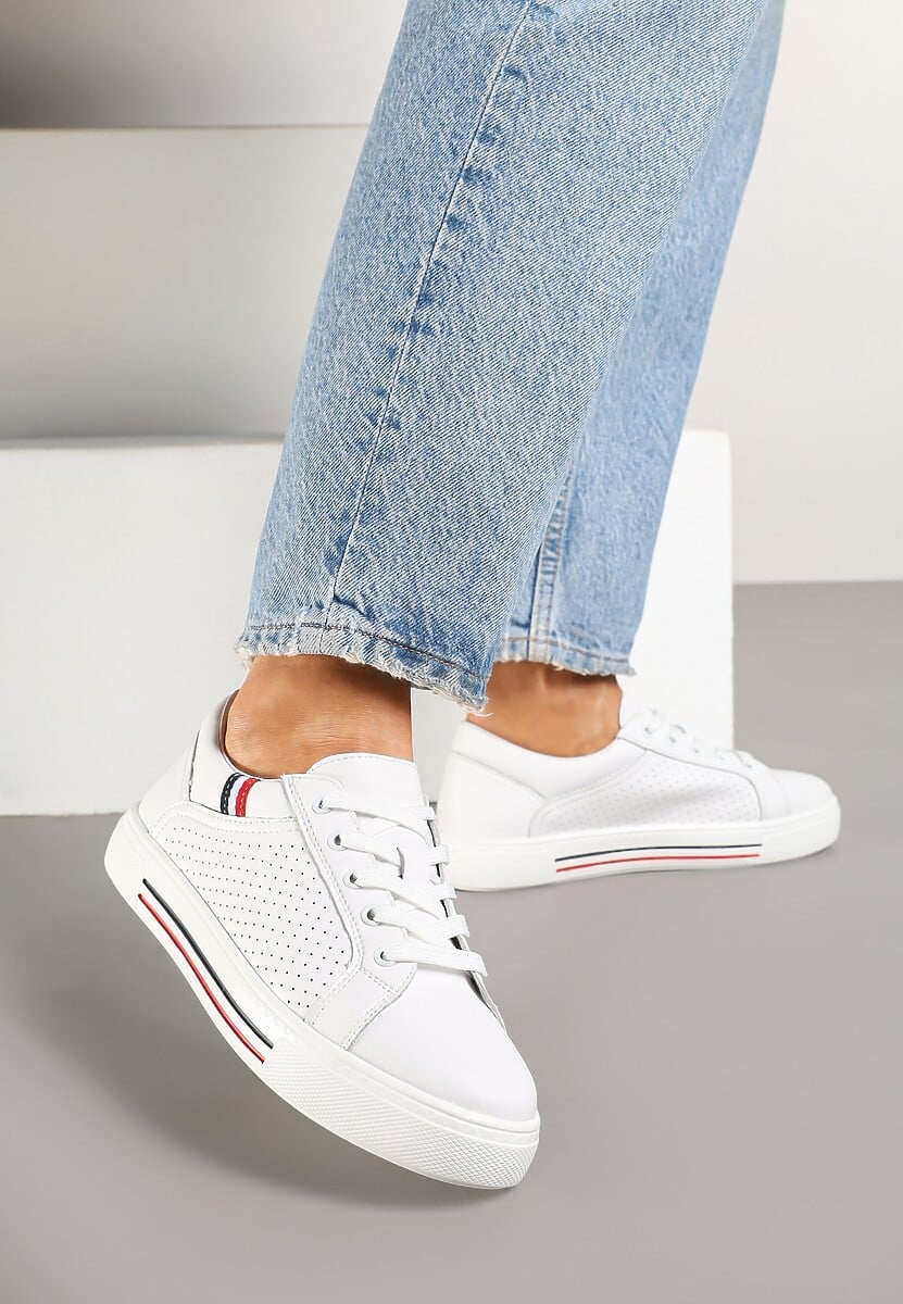 Beżowe Skórzane Sneakersy na Płaskiej Podeszwie ze Skórzaną Wkładką i Perforacją Galiwa