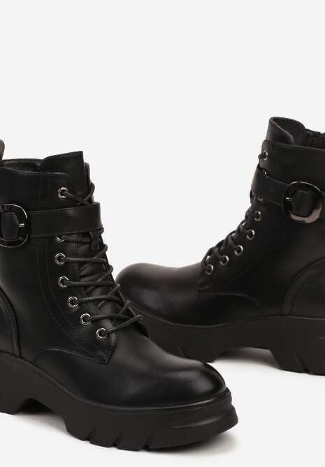 Czarne Botki w Stylu Workerów na Grubej Podeszwie Berimona