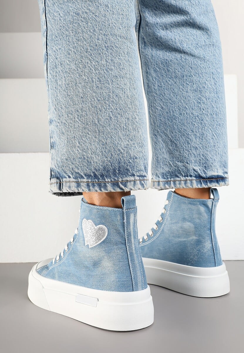 Jasnoniebieskie Trampki na Platformie z Wysoką Cholewką z Haftem z Brokatem Elanitha