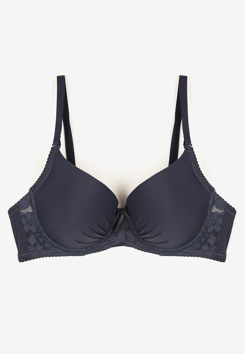 Granatowy Klasyczny Biustonosz z Koronkowymi Zdobieniami i Marszczeniem Idaloria