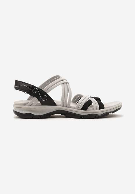 Czarno-Szare Casualowe Sandały na Płaskiej Podeszwie Zapinane na Rzep Wykończone Skórzaną Wkładką Dlines