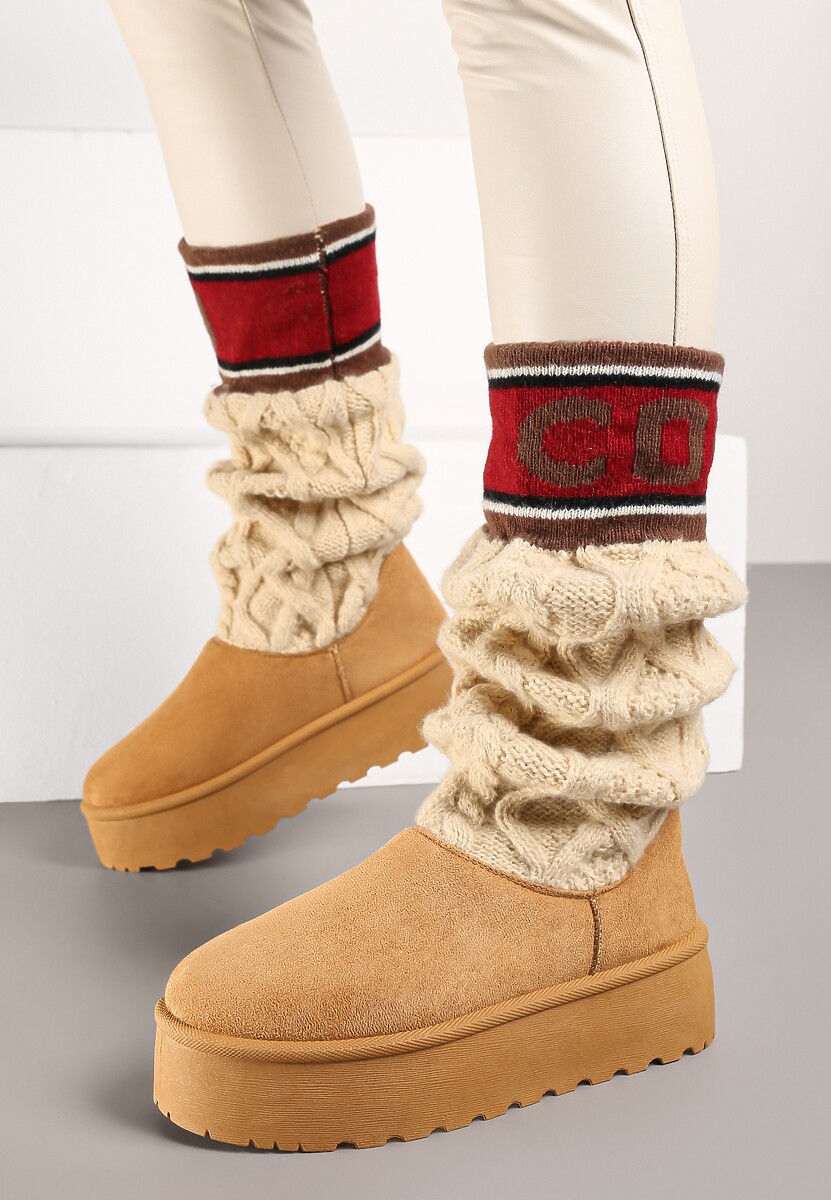 Brązowe Kozaki z Ekozamszu na Grubej Podeszwie z Dzianinową Cholewką o Skarpetkowym Fasonie Kaielia
