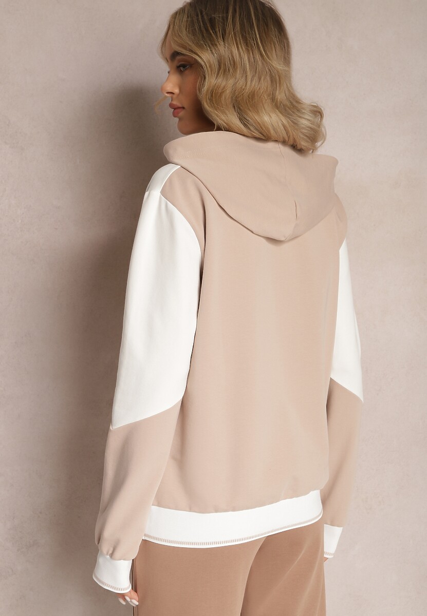 Beżowa Bawełniana Bluza z Geometrycznym Kolorowym Przeszyciem i Kapturem Vifia