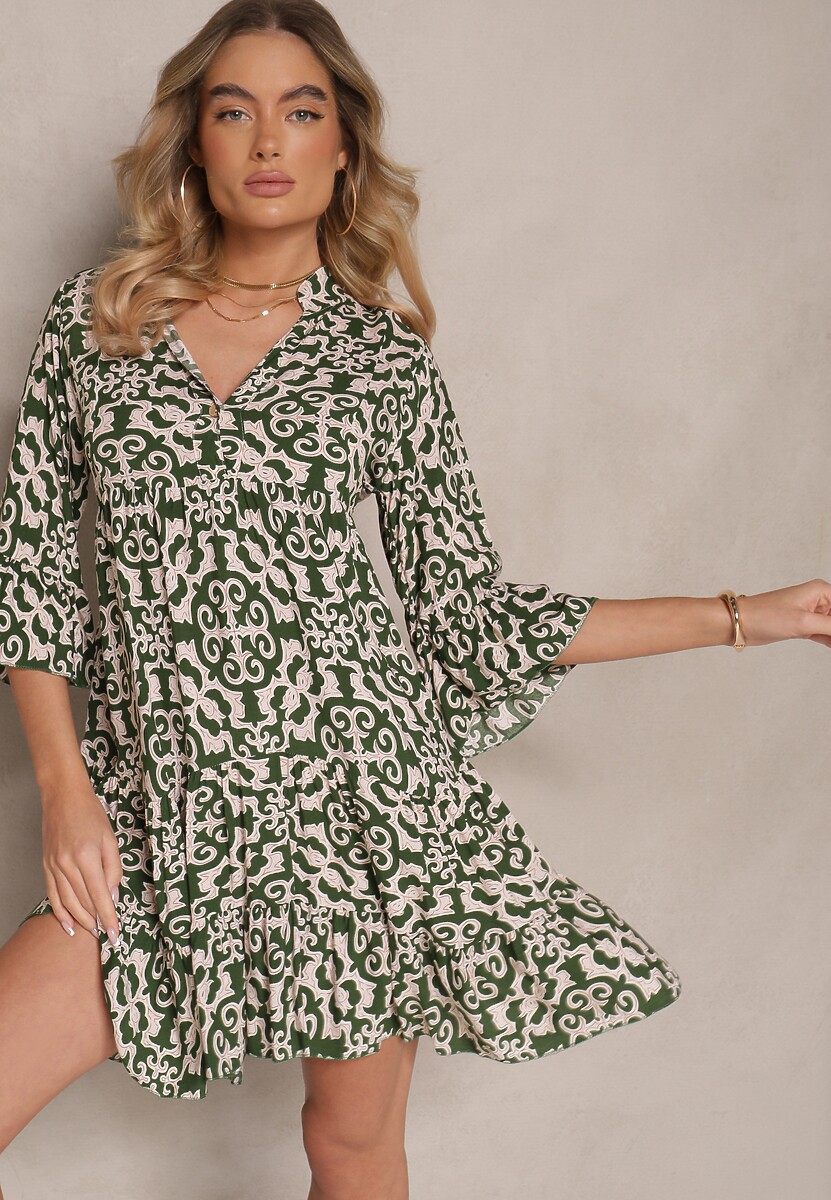 Zielona Sukienka Bawełniana o Rozkloszowanym Kroju w Etniczny Print Zalivine