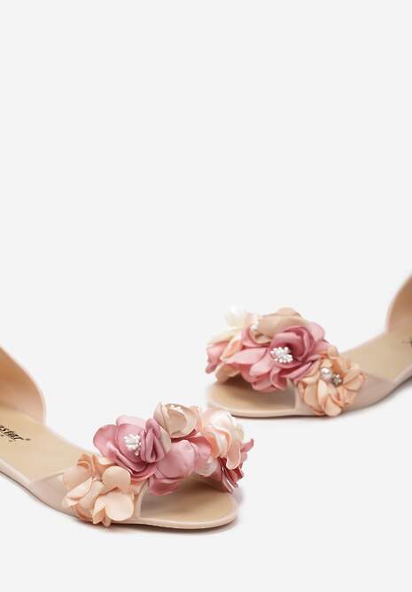 Beżowe Otwarte Balerinki z Aplikacją z Kwiatami Anlofi