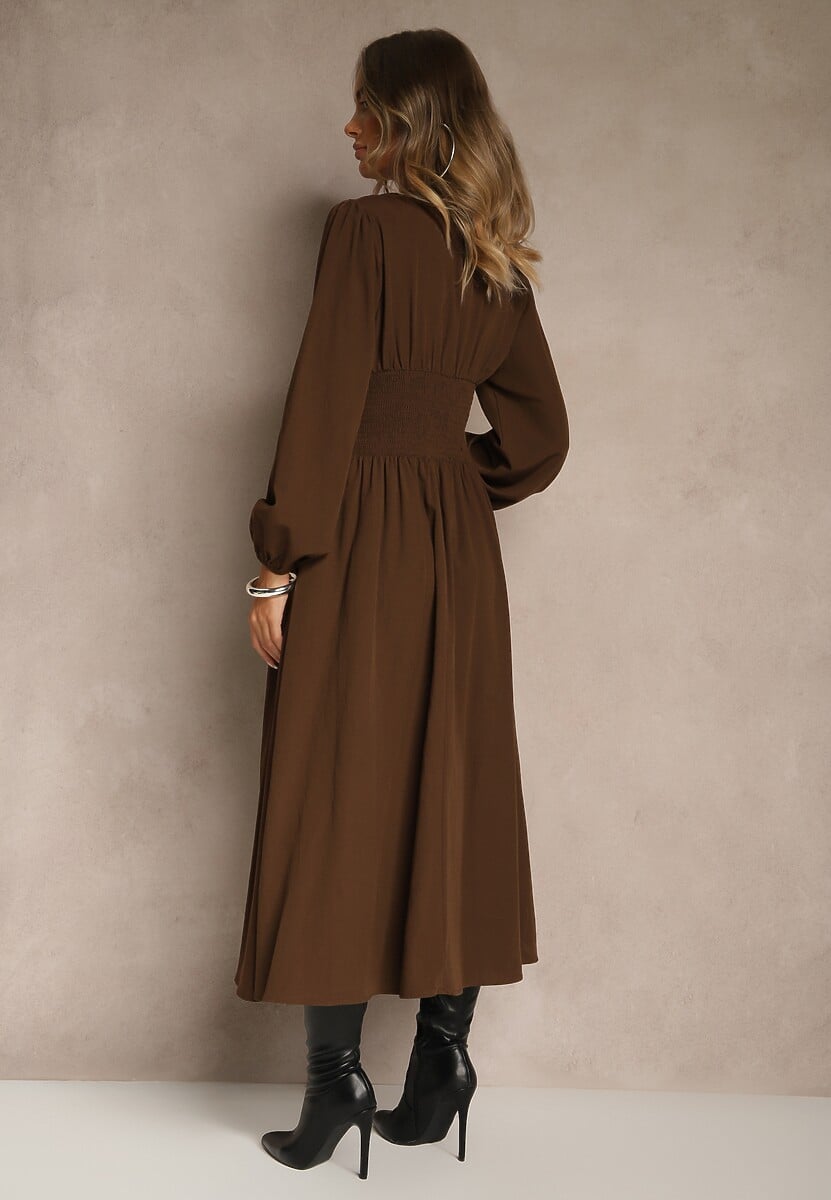 Brązowa Gorsetowa Sukienka z Wiskozą z Guzikami i Bufiastymi Rękawami Ahlite