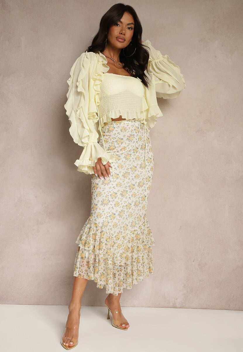 Biało-Żółta Dopasowana Spódnica z Ozdobną Falbaną Efravaria