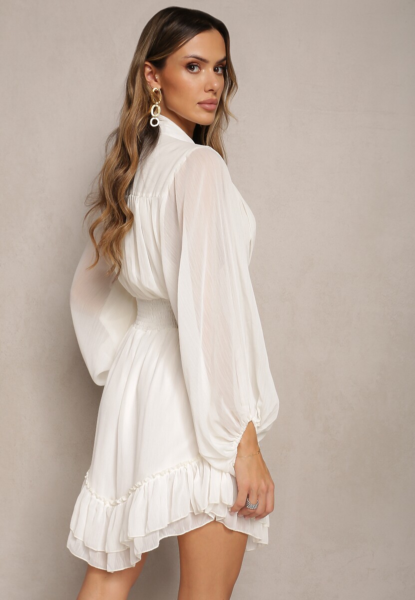 Beżowa Sukienka Mini z Marszczoną Gumką i Przezroczystymi Rękawami Janay