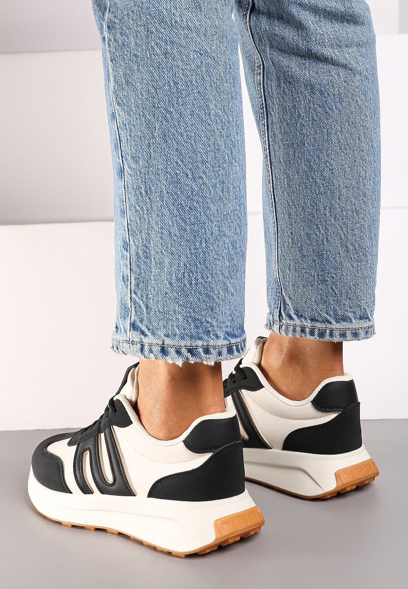 Czarne Sznurowane Sneakersy na Płaskiej Podeszwie Ozdobione Paskami Nevlaia