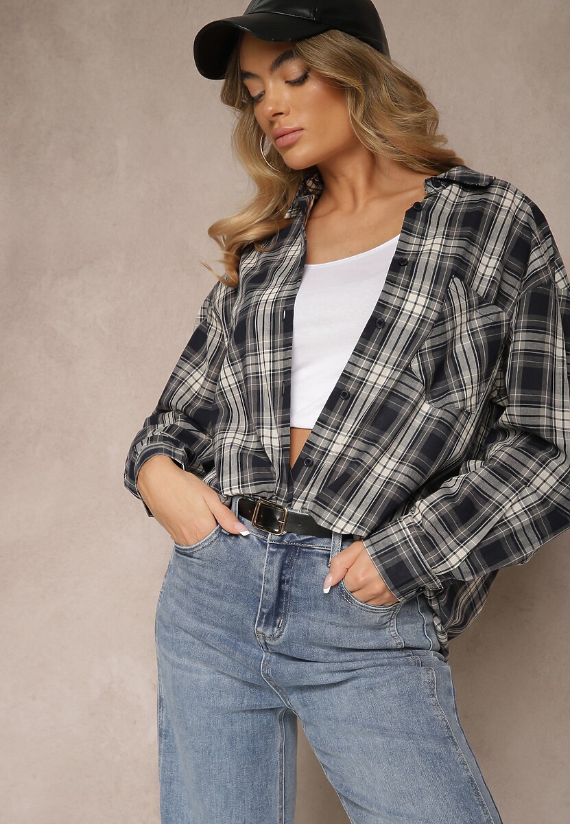 Czarno-Biała Bawełniana Koszula w Kratę z Pojedynczą Kieszonką Annisen