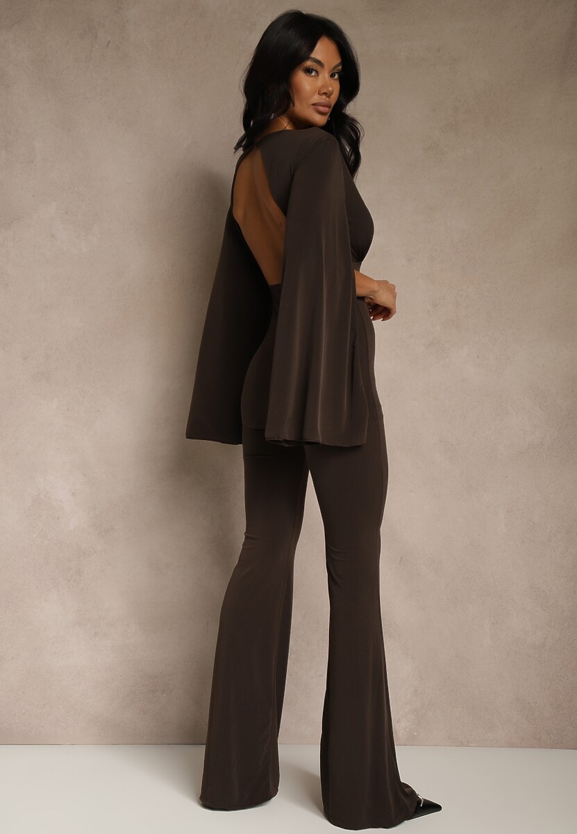 Brązowy Dopasowany Kombinezon z Rozkloszowanymi Rękawami i Głębokim Dekoltem Andrika