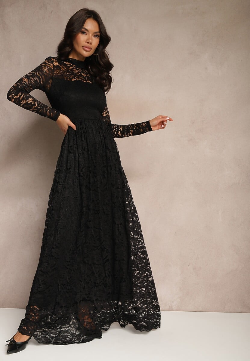 Czarna Koronkowa Sukienka o Rozkloszowanym Kroju ze Stójką i Gumką w Pasie Delidra