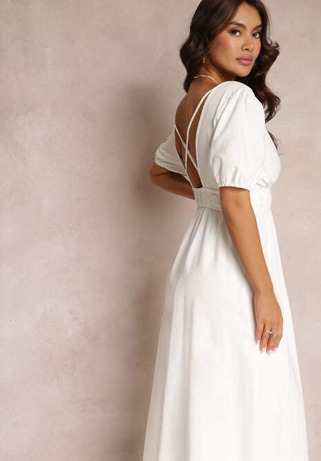 Biała Sukienka Midi z Gumką w Talii ze Skrzyżowanymi Paskami na Plecach Jorlyn