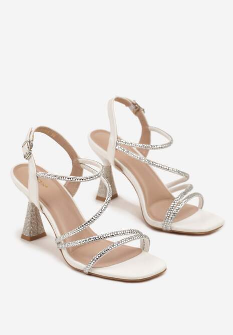 Białe Cyrkoniowe Sandały Vices na Stożkowym Obcasie Galitiela