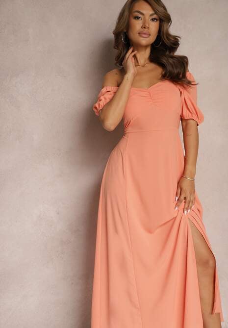 Pomarańczowa Sukienka Wieczorowa z Hiszpańskim Dekoltem i Rozcięciem Vikiya