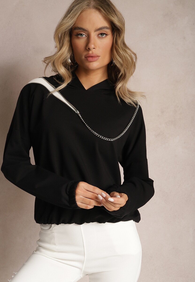 Czarna Asymetryczna Bluza z Bawełny z Kapturem i Ozdobnym Suwakiem Lueur