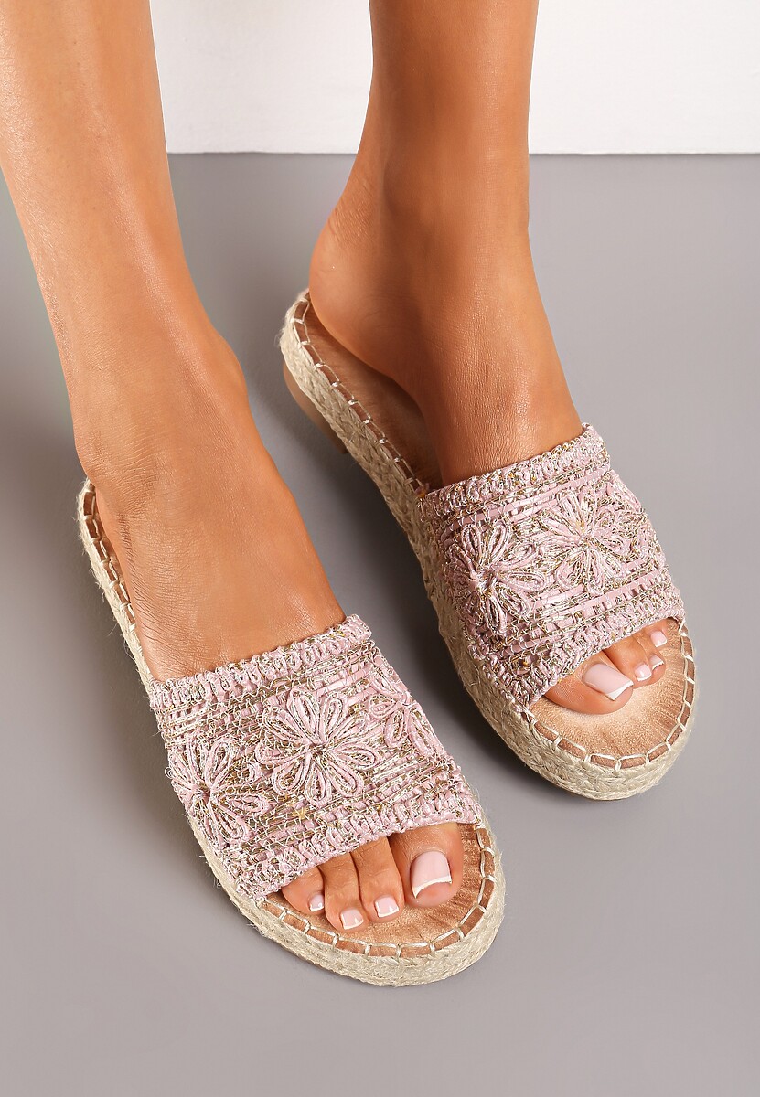 Różowe Casualowe Klapki na Platformie Ozdobione Plecioną Jutą Rifenia