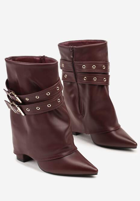 Bordowe Botki Kowbojki na Słupku Ozdobione Klamrami i Wywiniętą Cholewką Codvire