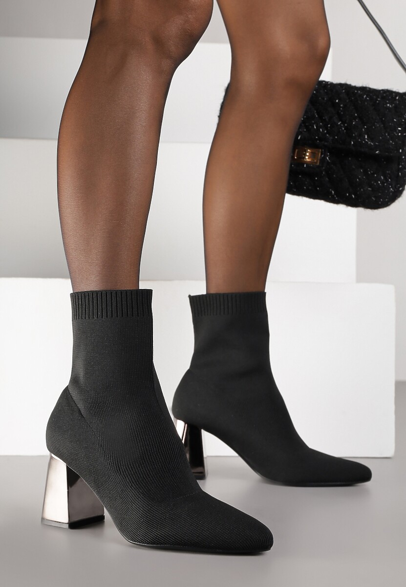 Czarne Skarpetkowe Botki Vices na Metalicznym Słupkowym Obcasie Widvira