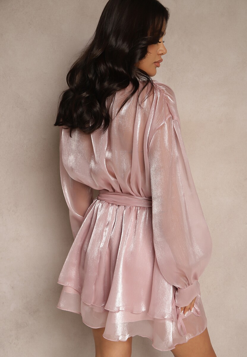 Różowa Rozkloszowana Sukienka z Paskiem i Wiązaniem Savare