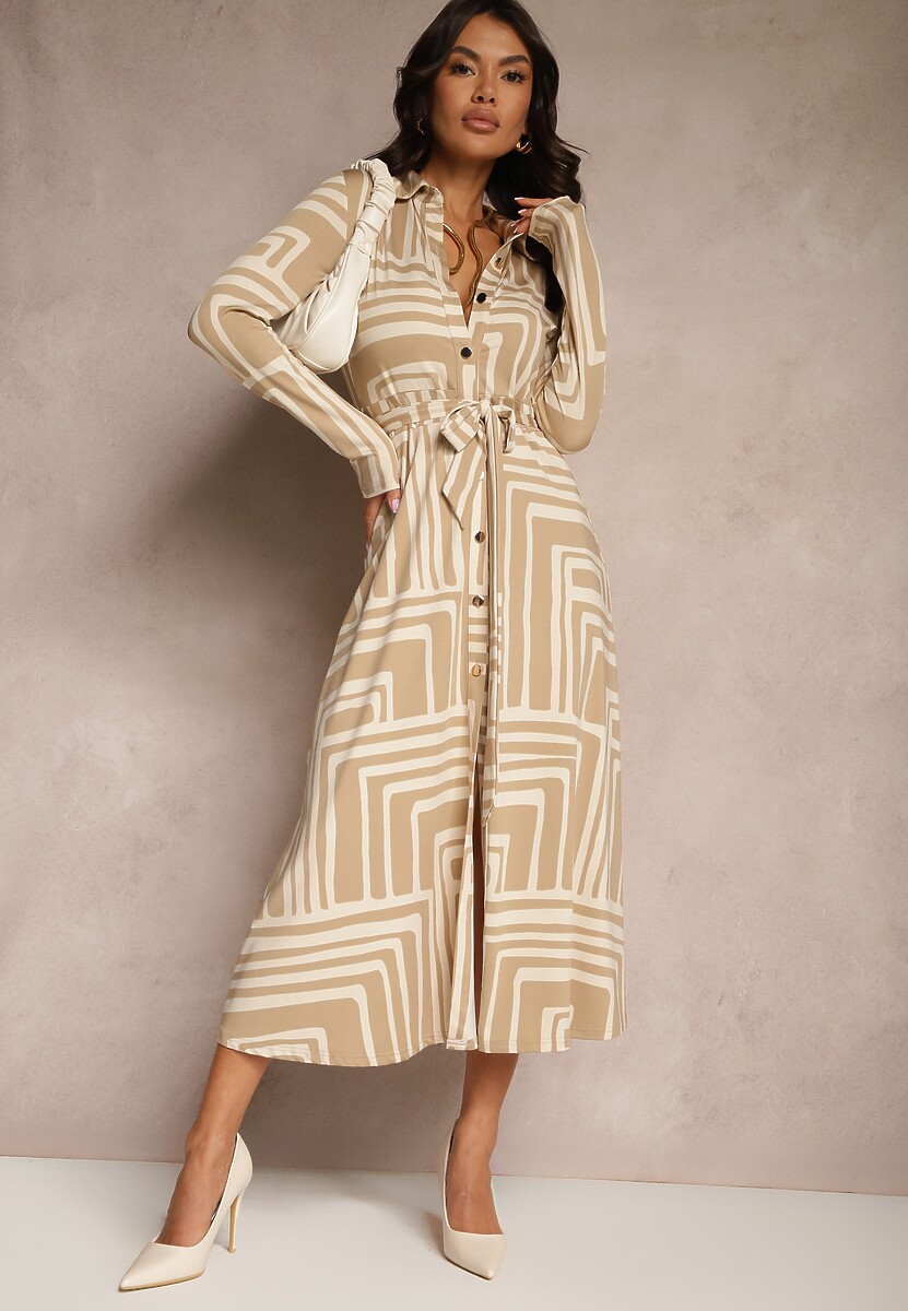 Beżowa Sukienka z Wiskozą o Koszulowym Kroju z Wiązanym Paskiem Nimiessa