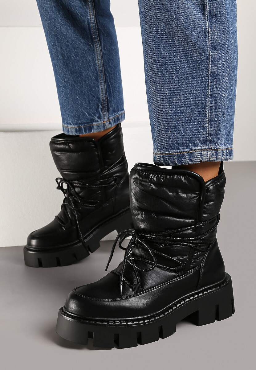 Czarne Sznurowane Śniegowce na Platformie z Tłoczeniem Ozdobione Metaliczną Nicią Batirae