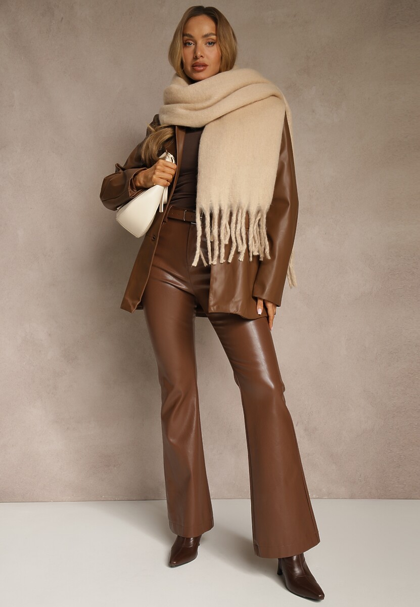 Beżowy Szalik Ozdobiony Frędzlami Owedela