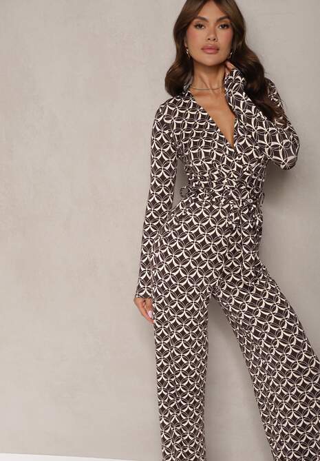 Brązowy Kombinezon z Mozaikowym Wzorem z Dekoltem w Serek i Paskiem Inafil