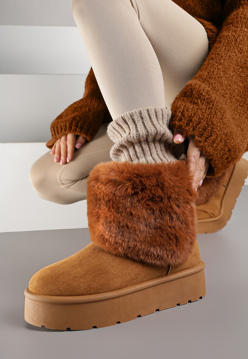 Jasnobrązowe Śniegowce z Cholewką za Kostkę Ocieplane z Futerkiem i Małą Kokardą Reinedia