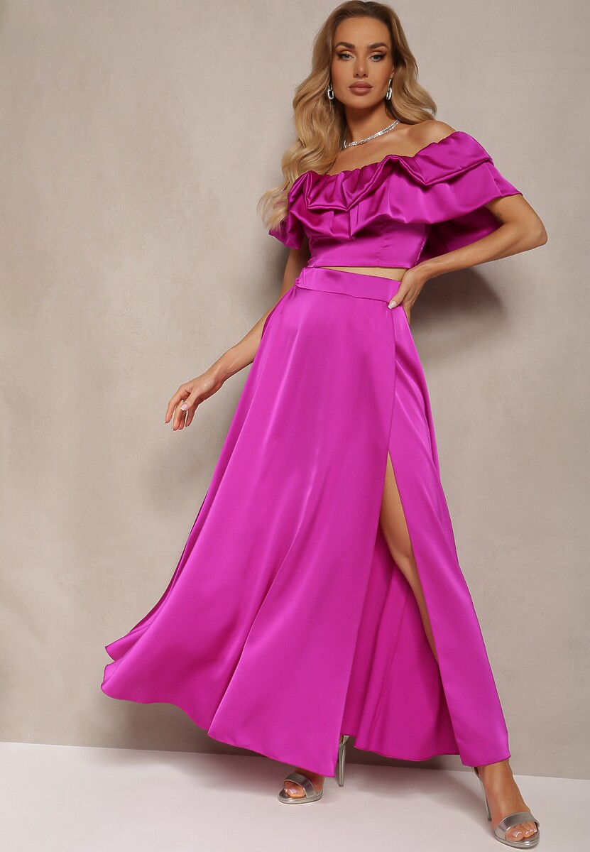 Beżowy Komplet Długa Spódnica Rozkloszowana z Rozcięciem na Boku oraz Bluzka Hiszpanka Virera