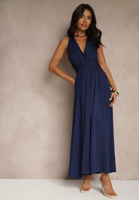 Granatowa Sukienka Koktajlowa Multiway z Wiskozą Wiązana na Szyi Lilovea
