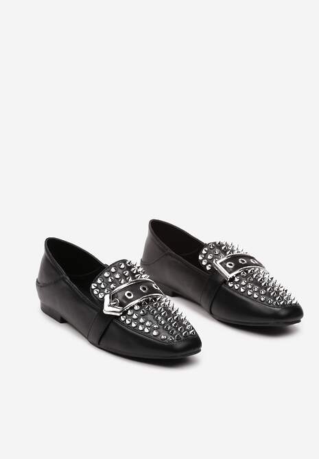 Czarne Płaskie Mokasyny Ozdobione Ćwiekami na Kwadratowym Nosku Rosagold