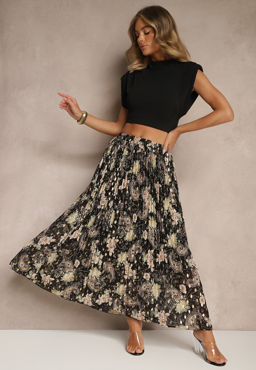 Czarna Rozkloszowana Spódnica w Kwiatowy Wzór z Plisami i Metalicznym Nadrukiem Follanea