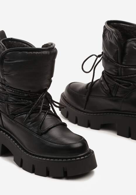 Czarne Sznurowane Śniegowce na Platformie z Tłoczeniem Ozdobione Metaliczną Nicią Batirae