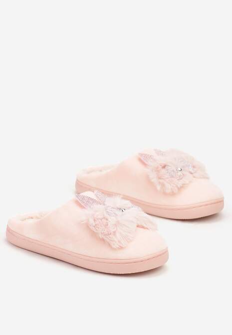 Różowe Kapcie na Płaskiej Podeszwie z Cyrkoniami i Futerkiem Dezilie