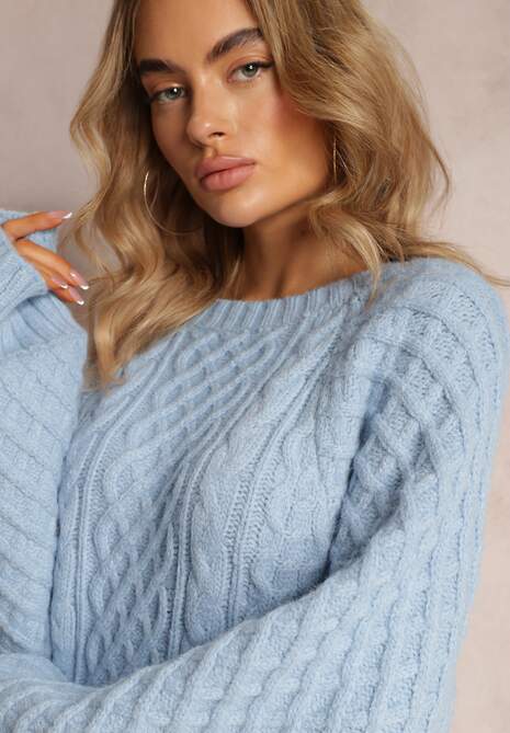 Jasnoniebieski Długi Sweter Ozdobiony Drobnym Splotem Killoe