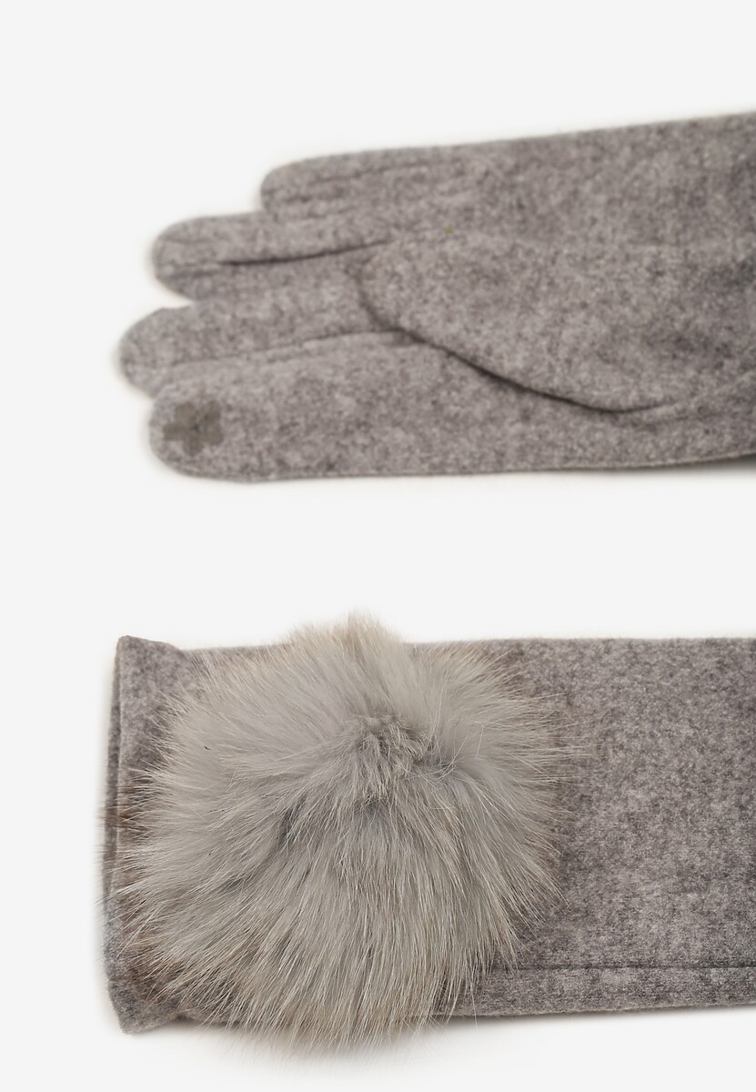 Szare Rękawiczki z Bawełną Ozdobione Futrzanym Pomponem Nadelina