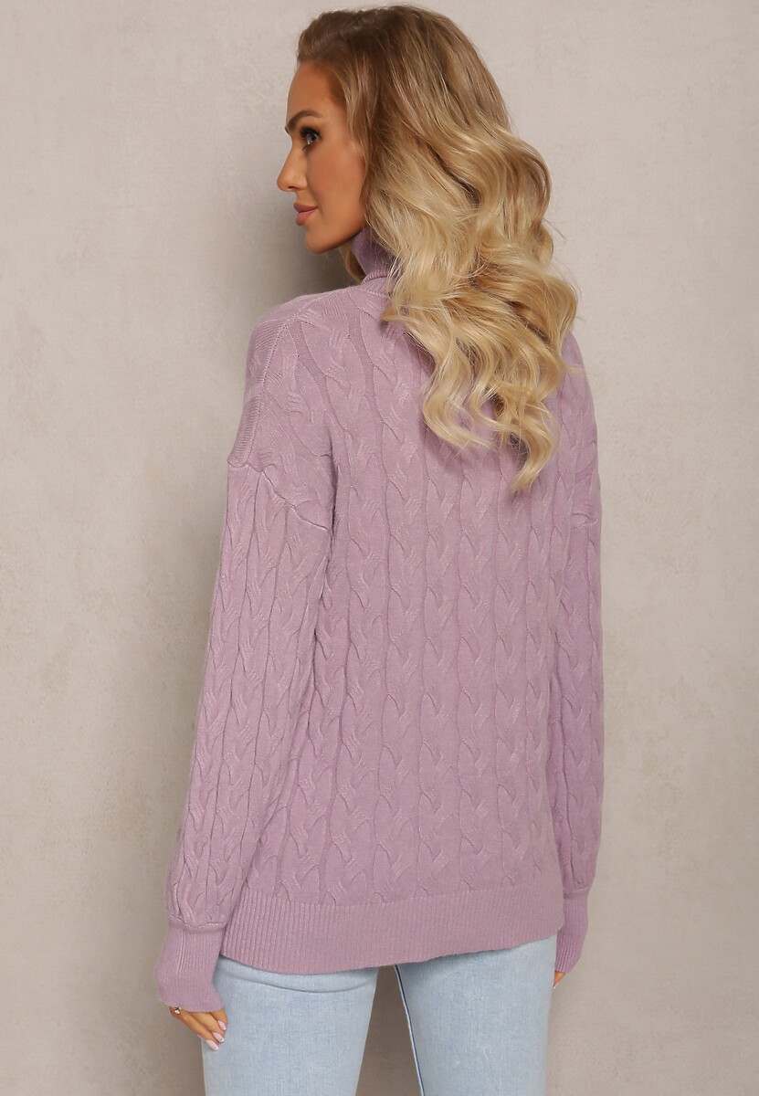 Fioletowy Sweterkowy Golf o Warkoczykowym Splocie Taitusi